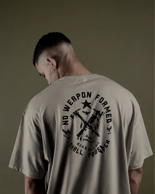 No Weapon Formed Graphic T-Shirt – Cream Heavyweight Oversized Streetwear Tee