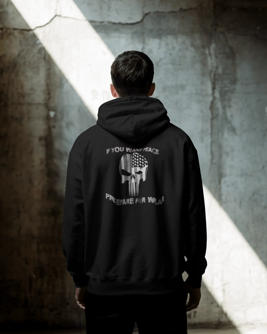 Prepare For War Tactical Skull Hoodie – Black Heavyweight Fleece Streetwear Pullover
