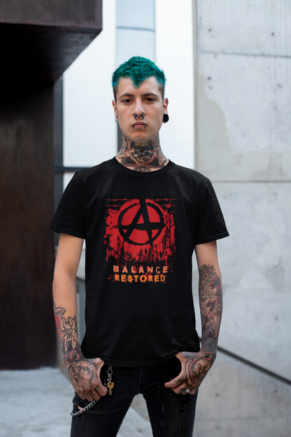 "BALANCE RESTORED" Anarchy Symbol Graphic T-Shirt | Distressed Red & Black Streetwear