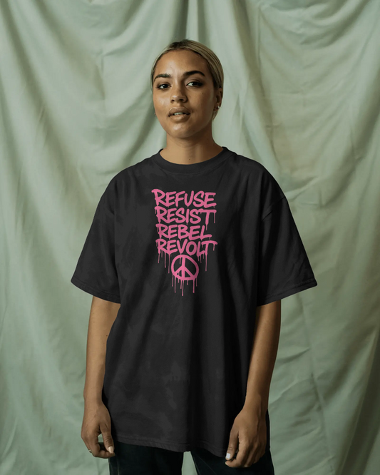 Refuse Resist Rebel Revolt Graphic T-Shirt – Black Neon Pink Streetwear Tee